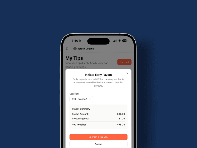 tip software for pizzerias on mobile showing a payout record to user